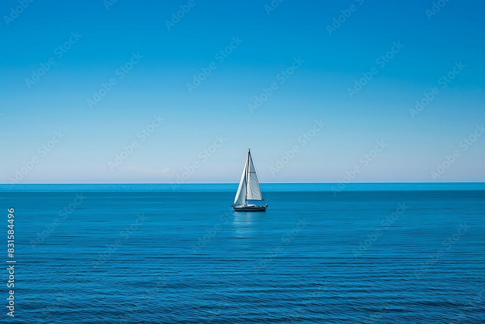 A lone sailboat on a calm ocean under a clear blue sky.