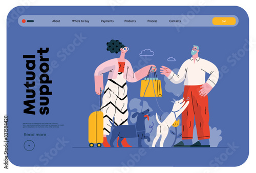 Mutual Support: Pet-sitting -modern flat vector concept illustration of a woman going on vacation leaving her dogs with neighbor. A metaphor of voluntary, collaborative exchanges of resource, services