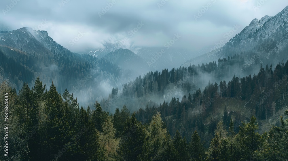 Forest covered mountain range under overcast skies Forest covered mountain range under overcast skies