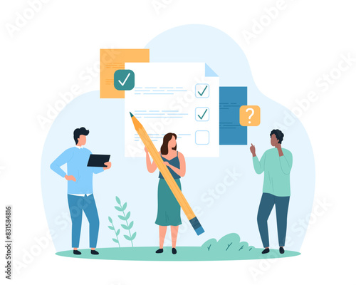 Questionnaire list, filling out test form, answers on questions. Tiny people write ticks on note checklist with pencil, research summary paper document on clipboard cartoon vector illustration