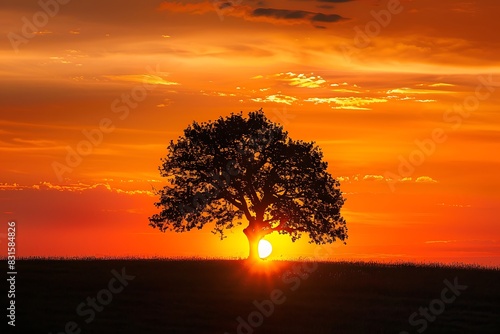 A lone tree silhouetted against a fiery orange sunset.