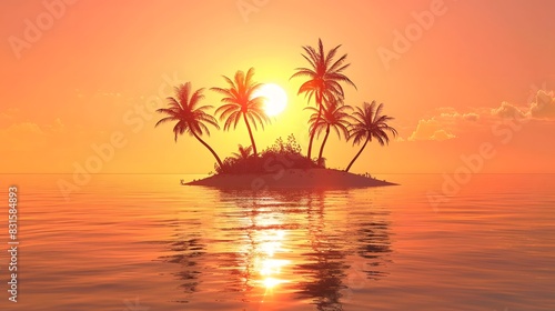 Tropical Beach at Sunset with Island 