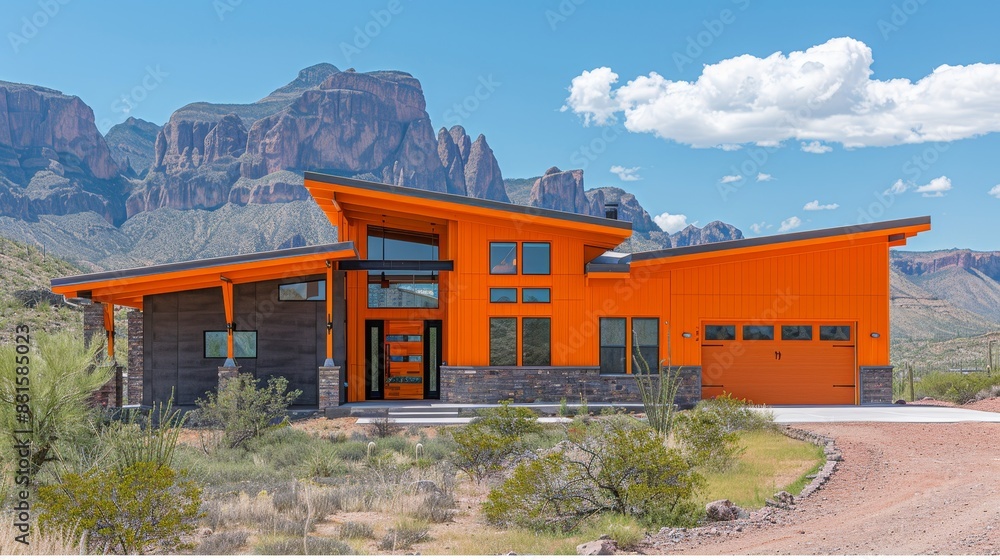 Awesome design of a modern concrete house in a beautiful desert scenery. Bright colors. Awesome design of a modern concrete house in a beautiful desert scenery. Bright colors.