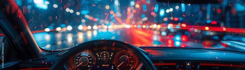 Night cityscape from inside a car, with vibrant lights and rainy streets creating a dynamic and colorful atmosphere. Night cityscape from inside a car, with vibrant lights and rainy streets creating a dynamic and colorful atmosphere.