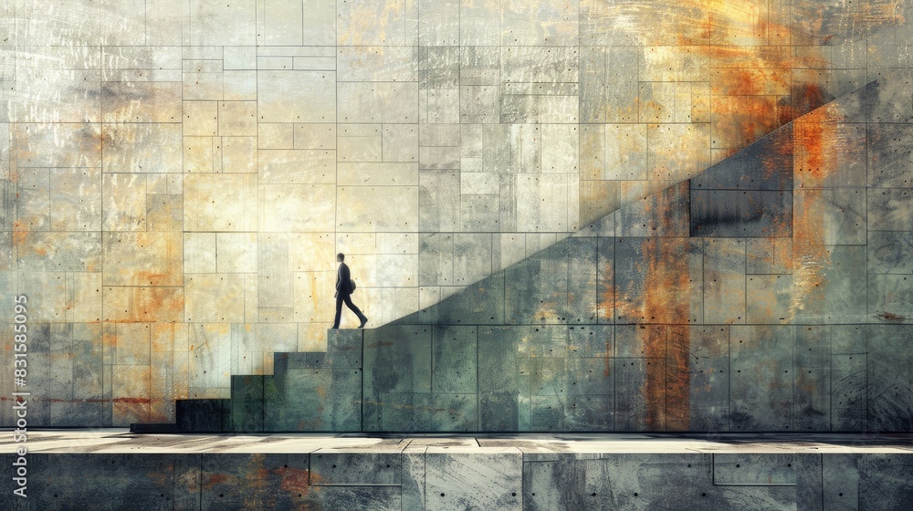 Conceptual art, man walking on surreal wall, hope lonely success and ambition concept, abstract of architechture