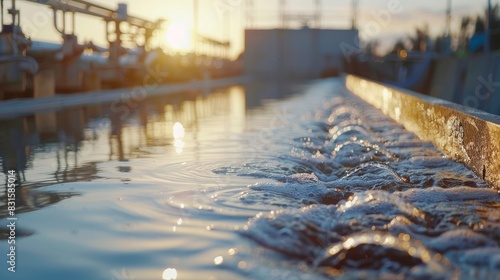the dam flows clean water in the morning, Industrial waste water treatment plant purifying water photo