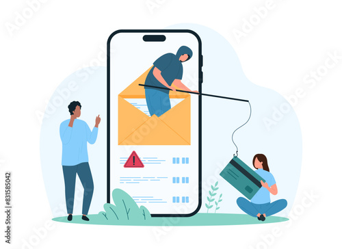 Phishing, awareness of fraud threat, theft of financial information. Tiny hacker thief from email holding fishing rod to hook credit card, warning message on phone screen cartoon vector illustration
