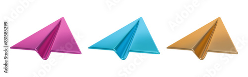 Vector paper plane set. 3D cartoon metallic folded plane.