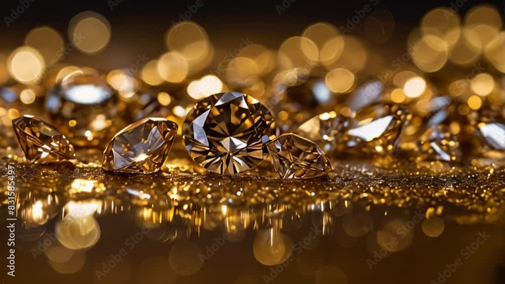 several gemstones, diamonds, placed on a reflective golden surface with vibrant lighting , several gemstones, diamonds, placed on a reflective golden surface with vibrant lighting ,