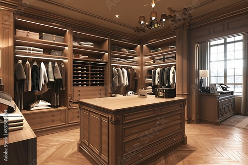 A luxury walk-in closet with custom shelving and an island dresser.