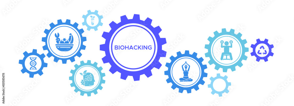 Biohacking banner web icon vector illustration concept with icons of nutrigenomics, biotech, improvement, meditation, exercise, and regeneration