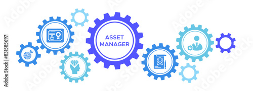 Asset manager banner web icon vector illustration concept with icons representing qualification, purpose, value, certification, and management