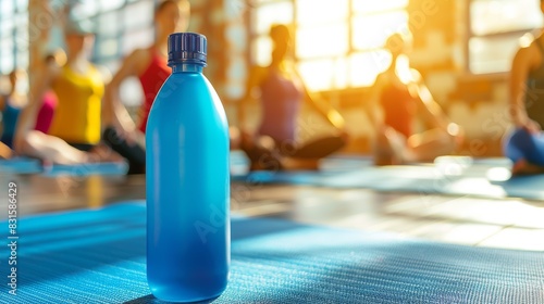Blue water bottle in a gym with people doing yoga in the background.