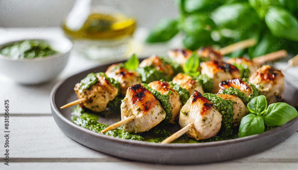 pesto chicken skewers feature grilled chicken marinated in vibrant green basil pesto, served on a sleek white modern table, offering a fresh, flavorful dish with a touch of sophistication pesto chicken skewers feature grilled chicken marinated in vibrant green basil pesto, served on a sleek white modern table, offering a fresh, flavorful dish with a touch of sophistication
