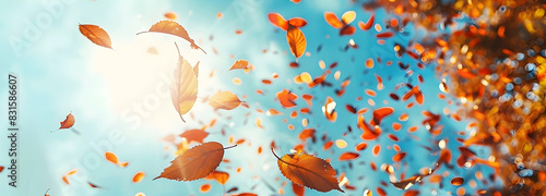 autumn leaves falling in the air in sunny day, summer background banner, summer leaves --ar 25:9 - Image #1 @farhanmalik photo