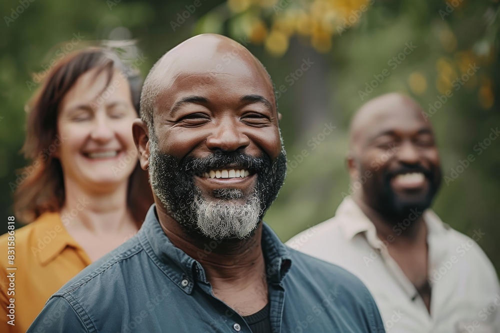 Mature African American man with beard and moustache smiling and looking at camera with his family in background Mature African American man with beard and moustache smiling and looking at camera with his family in background