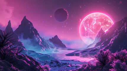 Foto auf Acrylglas Aubergine Surreal alien landscape with neon pink moon, distant planet, and foggy mountains under a vibrant, otherworldly purple sky.  © kittikunfoto
