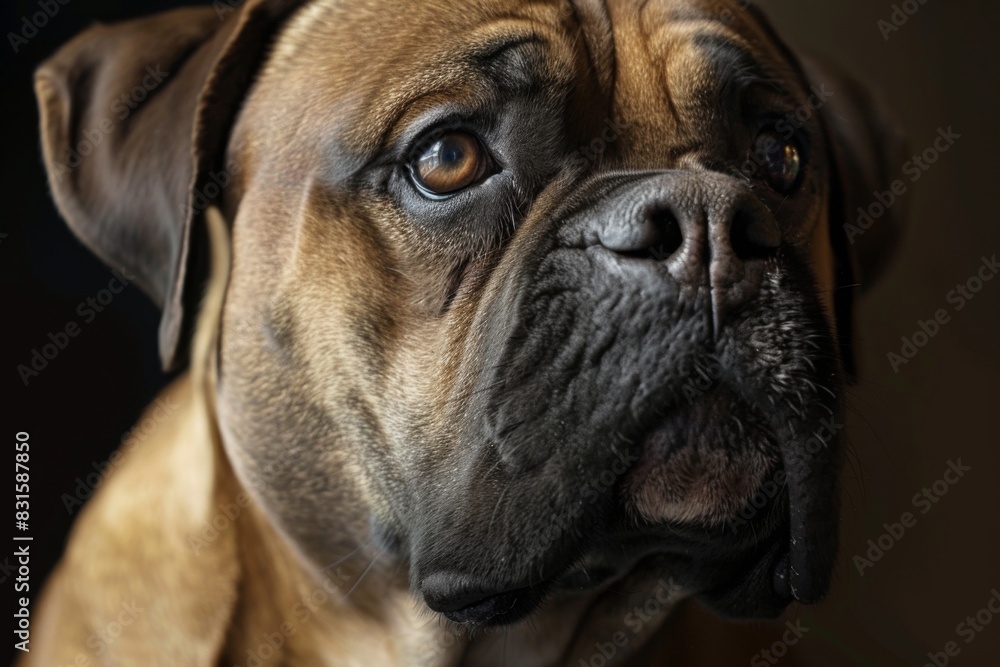 An attentive boxer dog facing the camera in closeup