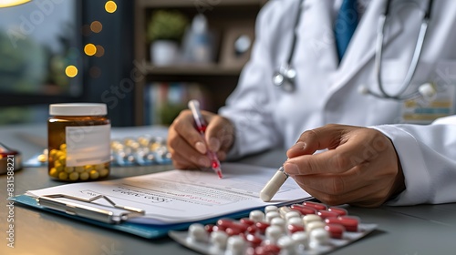 Doctor prescribing medication, focusing on pharmacotherapy photo