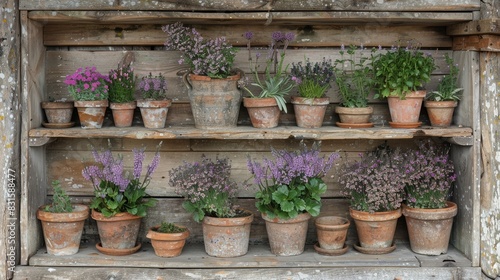 A display of flowerpots and vases with plants on a shelf, showcasing creative art in pottery and beautiful floral arrangements