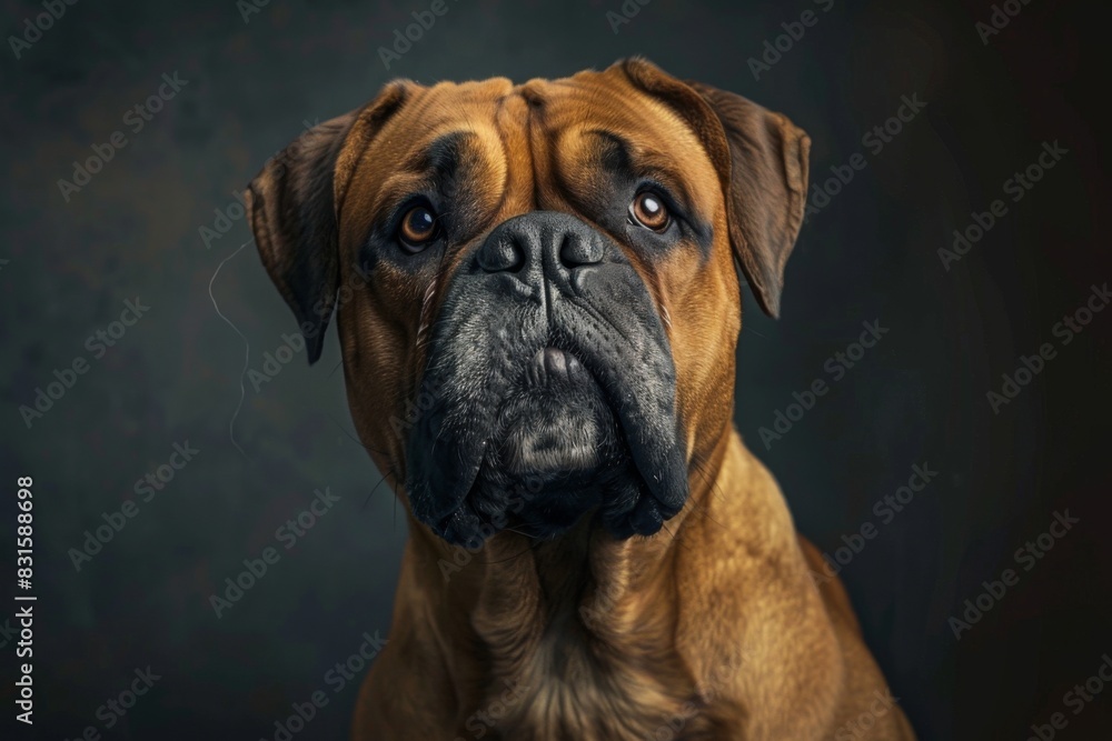 A close up of a fawn boxer dog, with wrinkles, looking at the camera
