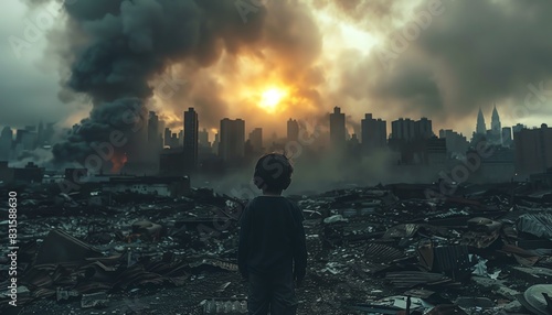 A lone figure stands amidst the ruins of a city, smoke billowing in the distance.