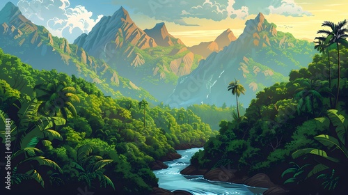 Vector Tropical Rainforest Jungle Mountains with river