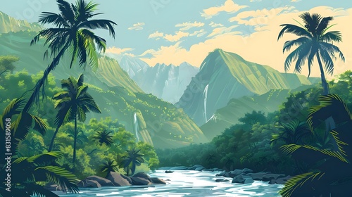 Vector Tropical Rainforest Jungle Mountains with river
