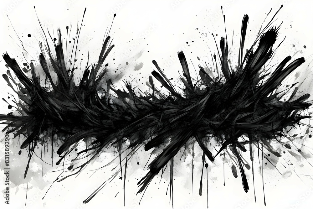 The image is a black and white painting of a line of black paint splatters