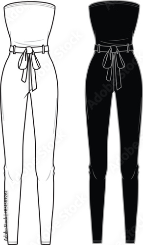 Women's Bandeau Jumpsuit. Technical fashion illustration. Front, black and white color. Women's CAD mock-up.