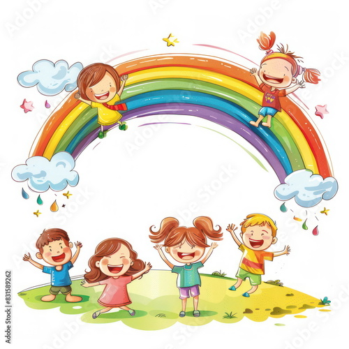 kid playing on rainbow, white background