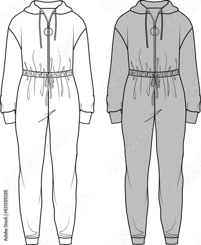 Unisex Hooded Jumpsuit. Technical fashion illustration. Front, grey and white color. Unisex CAD mock-up.