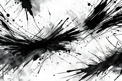 The image is a black and white painting of splatters of paint