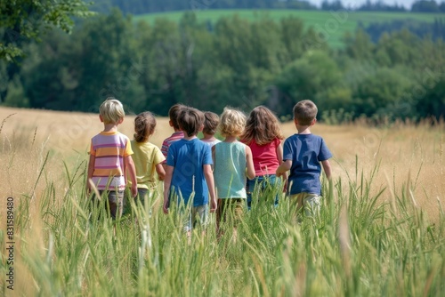 Group of kids standing in a wheat field on a sunny summer day