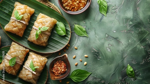 close-up of zongzi, traditional steamed rice dumplings on a green table for dragon boat festival celebration concept