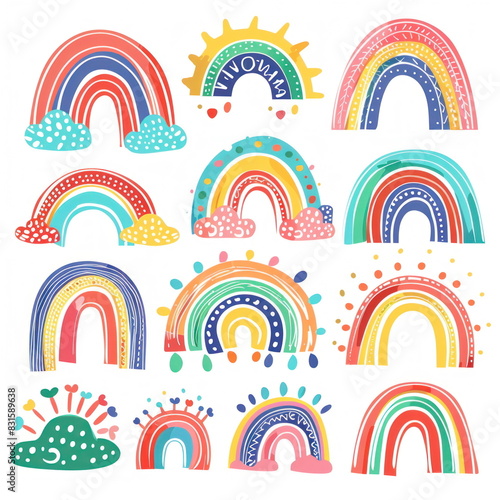 rainbow set on white background  doodle art