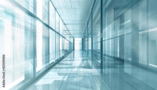 airy office hallway with light blue walls and blurred background abstract architectural sketch
