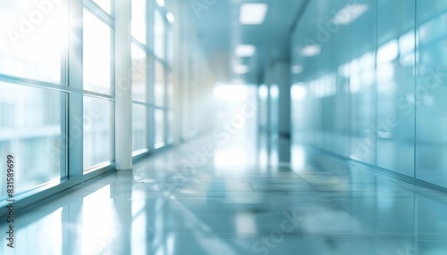 airy office hallway with light blue walls and blurred background abstract architectural sketch