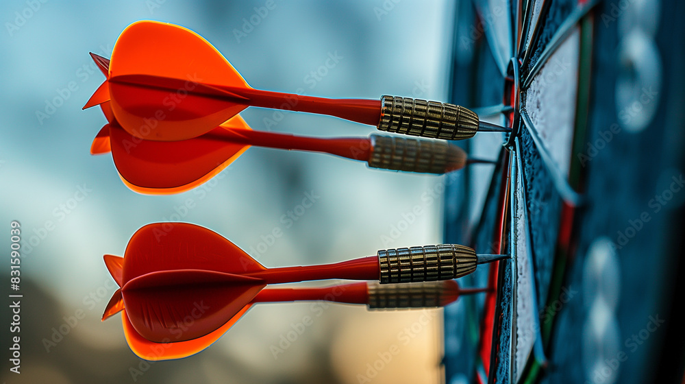 Three red arrows are flying towards a target. Concept of competition and focus as the arrows are aimed at the bullseye Three red arrows are flying towards a target. Concept of competition and focus as the arrows are aimed at the bullseye