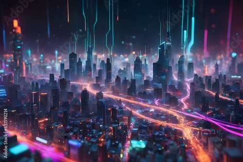 A cityscape with neon lights and a highway in the background