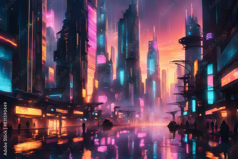 A cityscape with neon lights and a reflection of the city in the water A cityscape with neon lights and a reflection of the city in the water