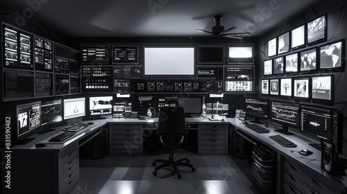 High-tech control room with multiple screens and data interfaces. Digital security monitoring station.