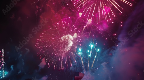Colorful fireworks illuminating the night sky with American flags