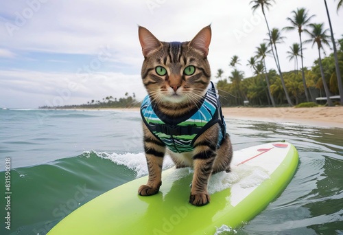 A cat in a life jacket rides through the waves on a surfboard, Summer composition, concept for active lifestyle, vacation, adventure, sea tourism and sport photo