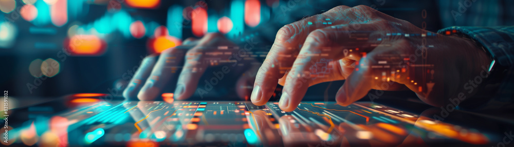 A man is typing on a tablet with a blue background. Concept of technology and modernity, as the man is using a device to communicate or work. The blue background adds a calming