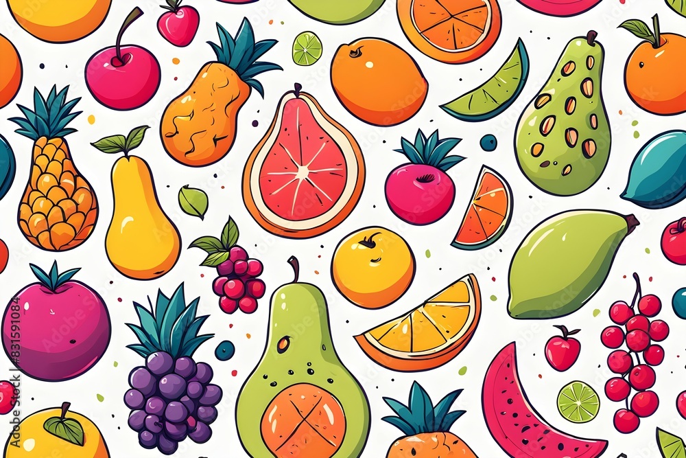 A colorful fruit pattern with a variety of fruits including apples, oranges A colorful fruit pattern with a variety of fruits including apples, oranges