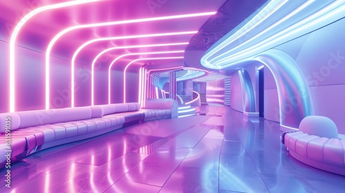 Futuristic lounge with vibrant pink and blue neon lights, modern seating, and reflective floors creating a sleek, immersive atmosphere.