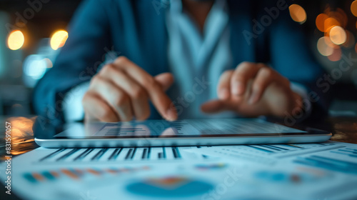 A man is using a tablet to look at a document. The tablet is on a table with several pieces of paper, including a few graphs. The man is focused on the tablet