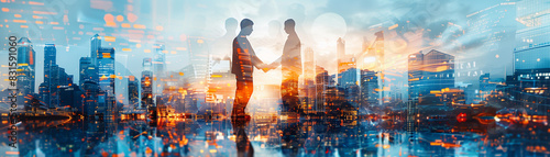 A man and a woman shake hands in front of a city skyline. Concept of professionalism and collaboration, as the two individuals are likely business partners or colleagues photo