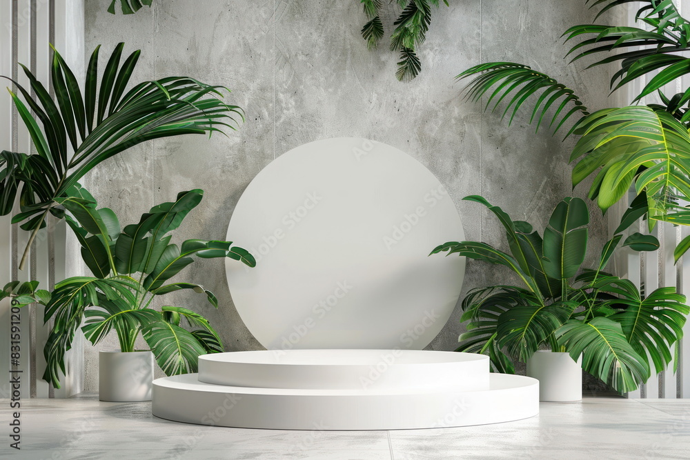 blank podium design with green leaves background, for product display blank podium design with green leaves background, for product display